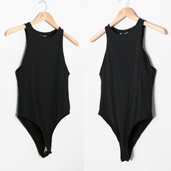Zara Halter Bodysuit Top M High Neck Snap Buttons Sleeveless Black Blogger's Fav - Picture 6 of 16